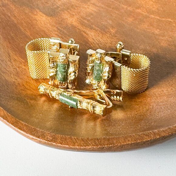 Vintage Jade Cufflinks Tie Clip Set Gold Tone Elegant Wedding Men Bamboo Asian - Picture 3 of 14